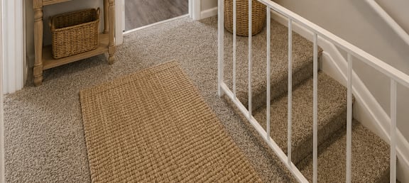 A hallway with a staircase, a mirror, a potted plant, and a basket on the floor.