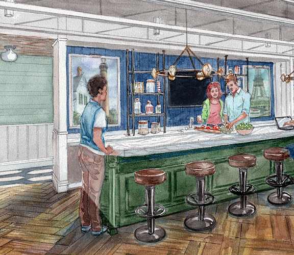 a painting of a bar with people at it