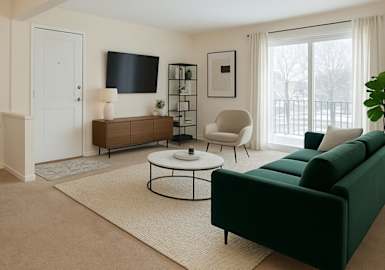 A living room with a green couch, a black chair, a white armchair, a coffee table, a flat screen TV, a wooden cabinet, a plant, and a window with white curtains.