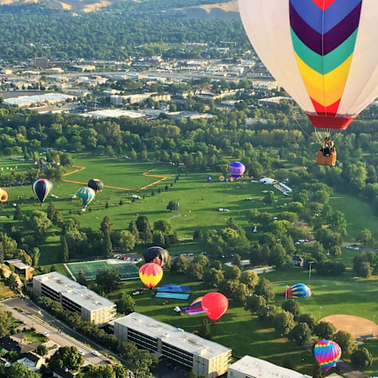 A group of hot air balloons of various colors float over a green landscape.