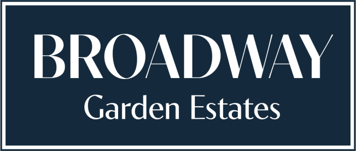 a vector illustration of the words broadway garden estates on a green background