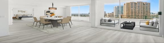 a living room with a table and chairs and a balcony with a city in the background