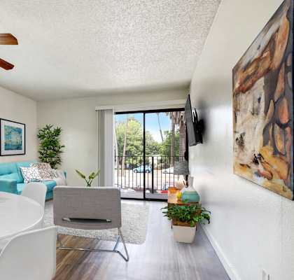 Living room with ceiling fan at Sherway Villa, Reseda, California