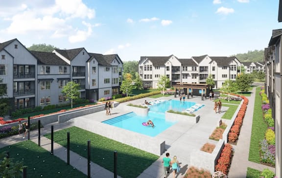 A swimming pool surrounded by a grassy area and apartment buildings.