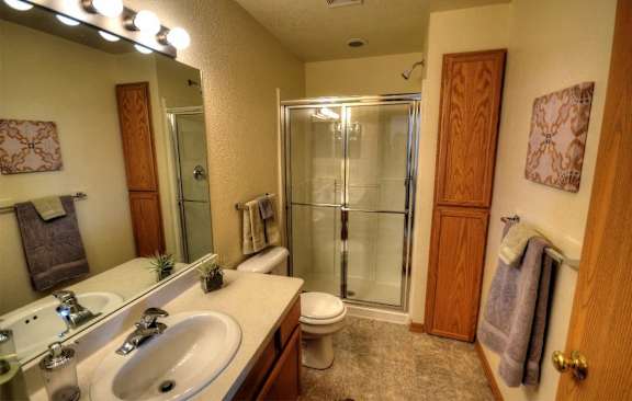 a bathroom with a sink toilet and shower