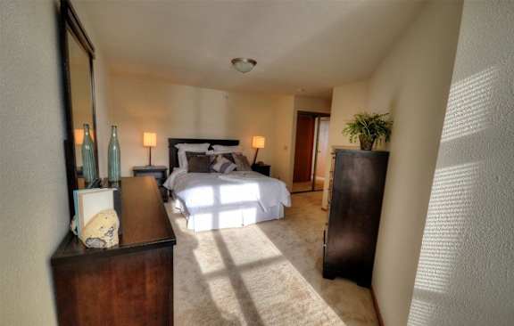 a bedroom with a bed and a dresser