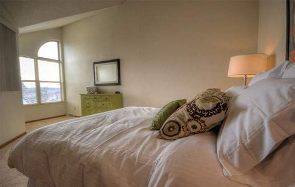 a bedroom with a large bed and a window