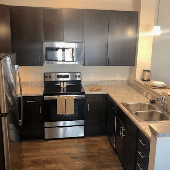 A modern kitchen with black cabinets and stainless steel appliances.