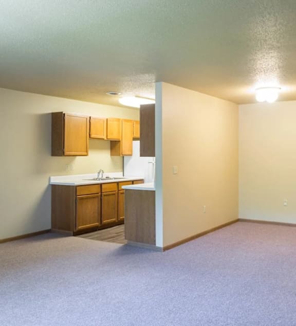 a living room and kitchen with a couch and a table