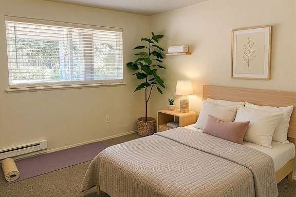 A bedroom with a bed, nightstand, and a plant.