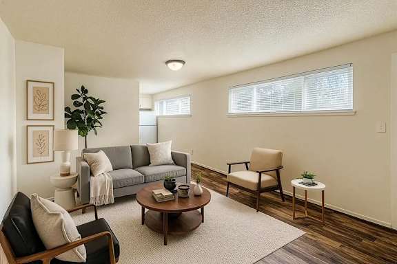 A living room with a grey couch, a brown armchair, a wooden coffee table, and a potted plant.