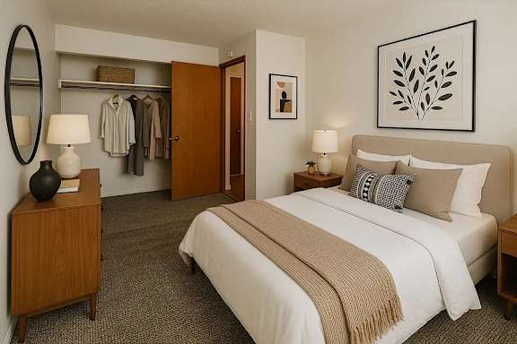 A bedroom with a large bed and a clothing rack.
