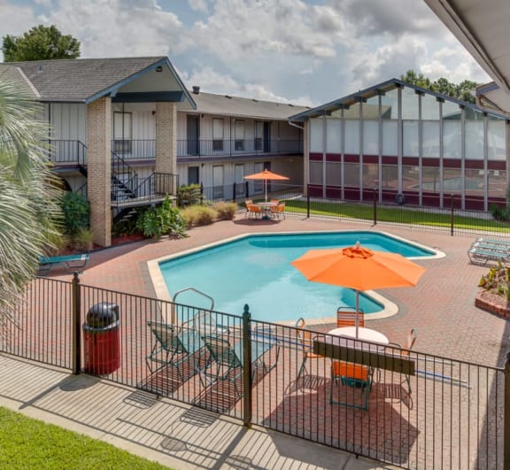 a swimming pool with chairs and palm trees