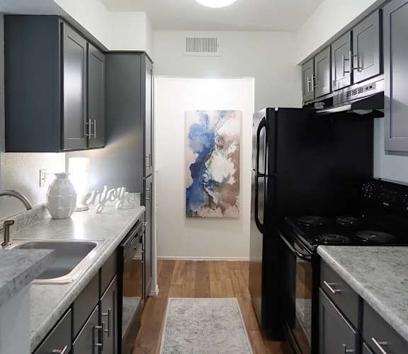 A kitchen with black cabinets and a black fridge.