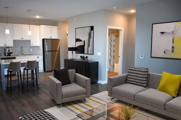 A modern living room with a grey couch and a striped rug.