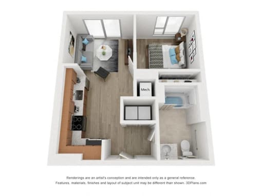 a stylized floor plan with a bedroom and a bathroom