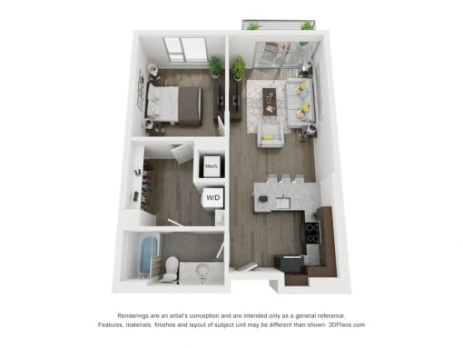 a stylized floor plan of a 1 bedroom with a bathroom and a living room