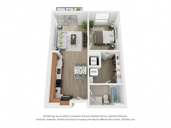 a stylized floor plan of a 1 bedroom with a bathroom and a living room at South Falls Tower, Richmond, VA, 23224