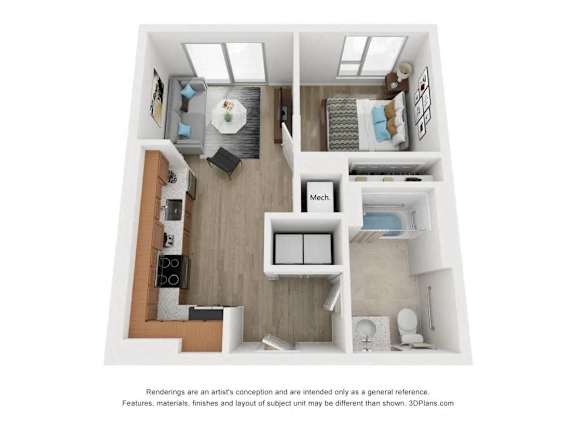 a stylized floor plan with a bedroom and a bathroom at South Falls Tower, Richmond, VA, 23224
