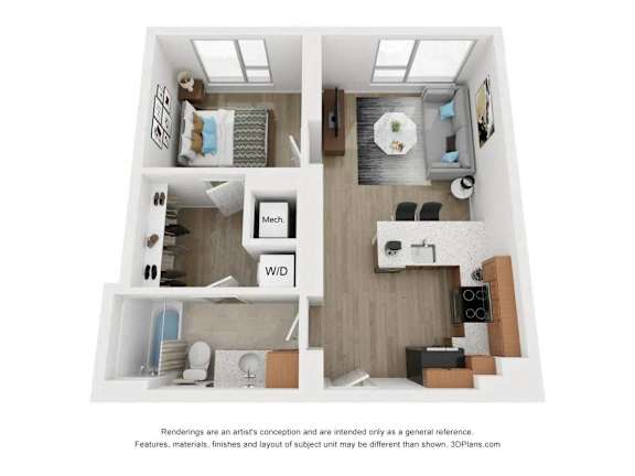 a 1 bedroom floor plan  950 sq ft at South Falls Tower, Richmond, VA, 23224