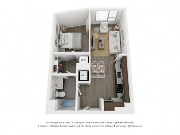 a stylized floor plan with a bedroom and a living room at South Falls Tower, Richmond, VA, 23224