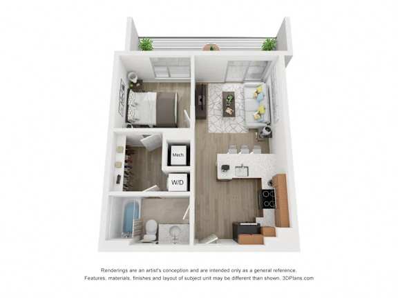 a 1 bedroom floor plan apartments for rent at South Falls Tower, Richmond, VA, 23224