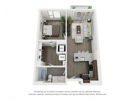 a stylized floor plan of a 1 bedroom with a bathroom and a living room at South Falls Tower, Richmond, VA, 23224
