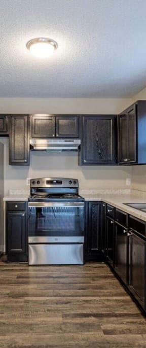A kitchen with black cabinets and stainless steel appliances at Diamond Townhomes, Beaufort, SC