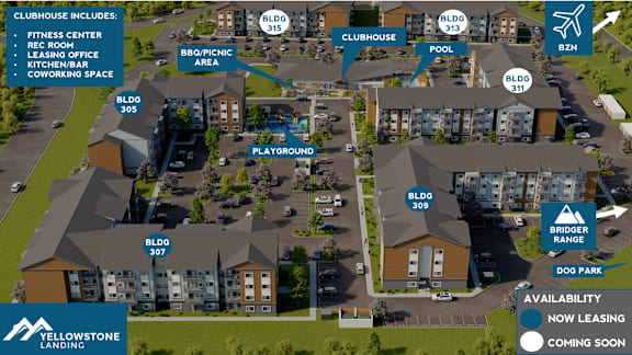 A map shows the layout of a Yellowstone Landing clubhouse with various buildings and amenities labeled. at Yellowstone Landing, Montana, 59714