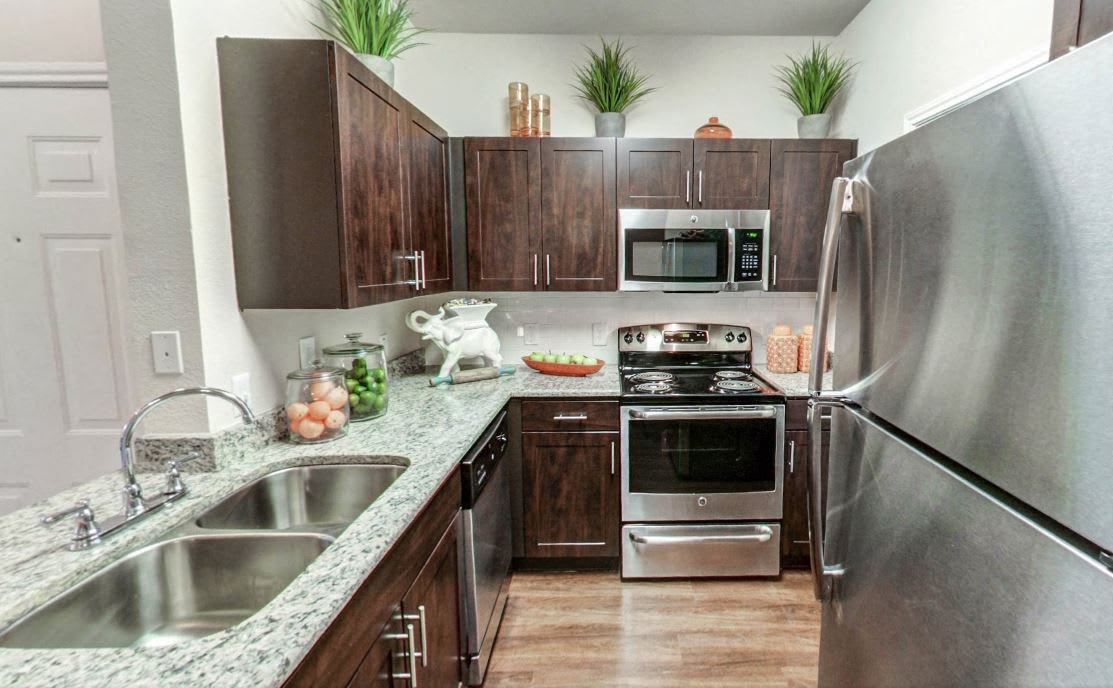 Nolina Flats kitchen with stainless steel appliances and dark cabinets - Austin, TX