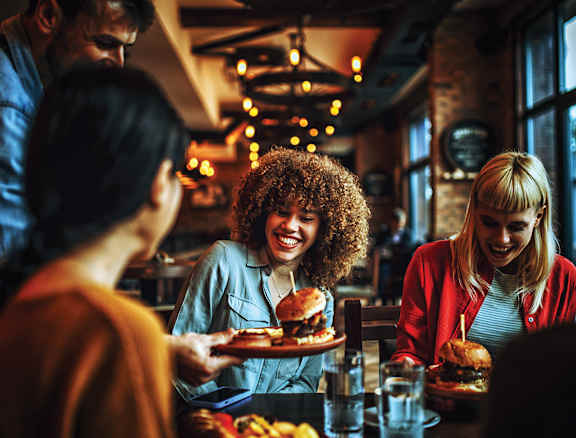 A group of people enjoying a meal together in a restaurant.