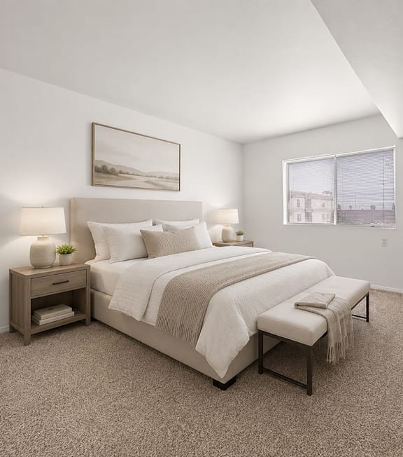 A bedroom with a large bed, nightstands, and a plant.