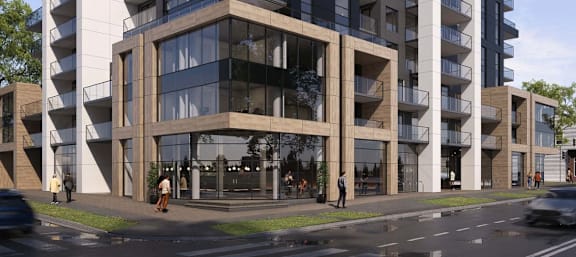 A modern building with large windows and balconies is depicted.