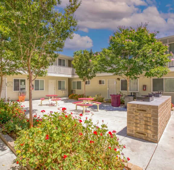 A courtyard with a bench and a tree in front of apartment buildings.