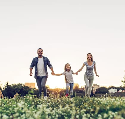 A family of three is walking hand in hand through a field of flowers.