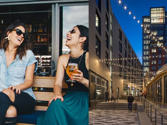 a woman sitting on a bench with a beer in her hand