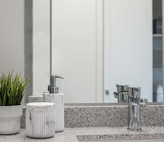 a bathroom sink with a plant next to it