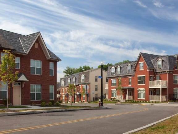Street view of apartment buildings, Bedford Hill Apartments, Pittsburgh, PA