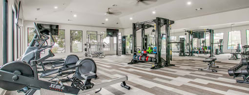 the home has a fitness room with a treadmill and elliptical machines