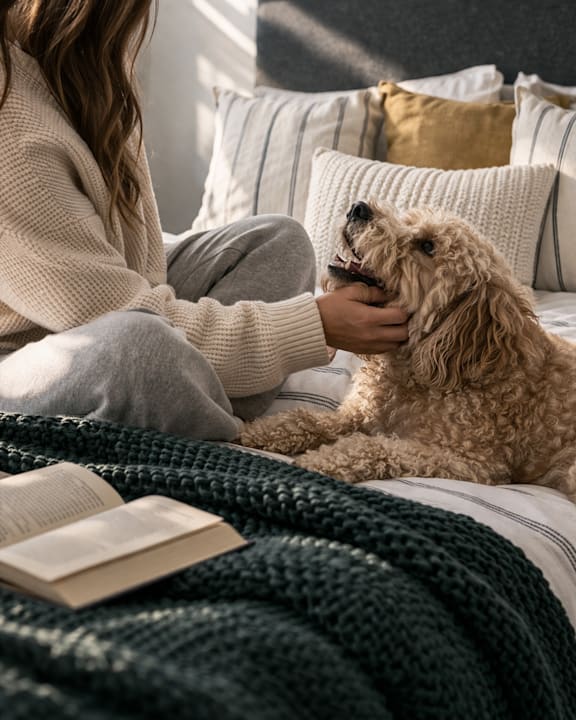 A woman is petting a dog on a bed with a book.