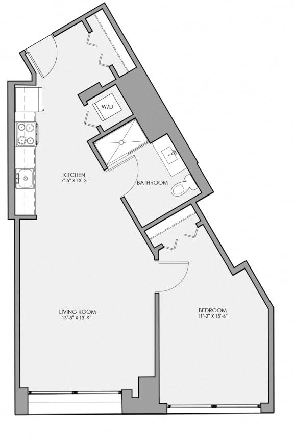 1 bed 1 bath floor plan E at Lakeview 3200 Apartments, Illinois