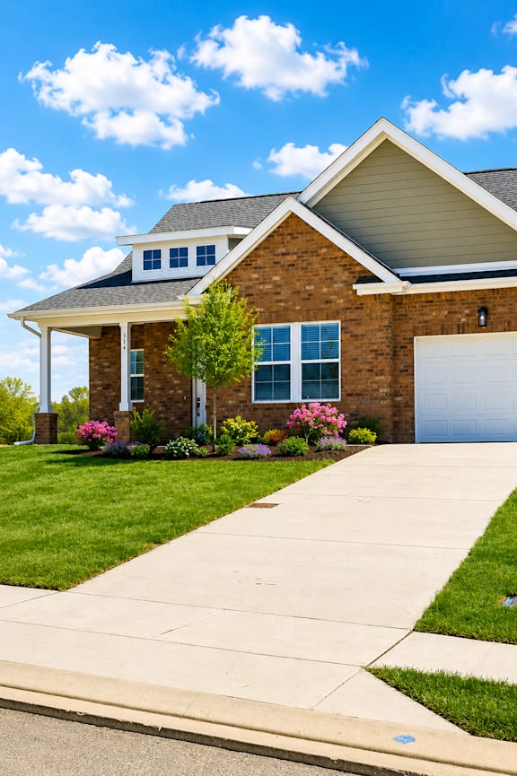 A brick house with a white garage door and a grey roof.