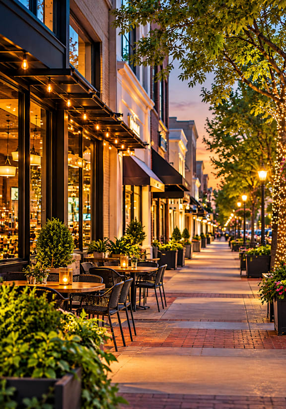 A city street with tables and chairs outside a restaurant.