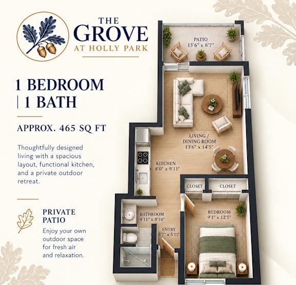 A floor plan for a 1 bedroom, 1 bathroom apartment at The Grove at Holly Park.