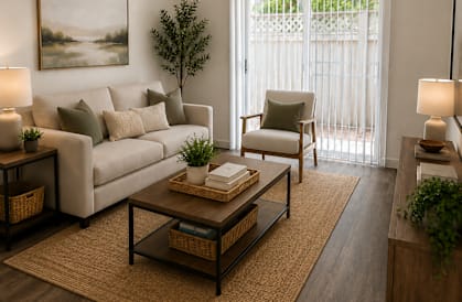 A living room with a couch, chair, and a painting on the wall.