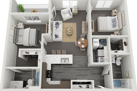 A top-down view of a small apartment with a kitchen, living room, and bedrooms.