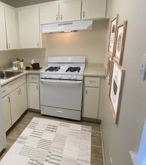A kitchen with a white fridge and stove.