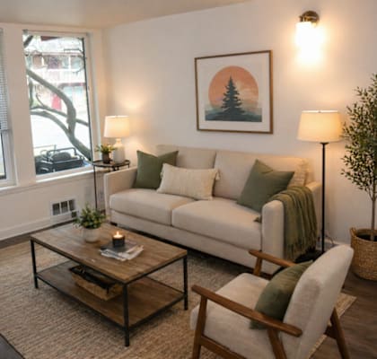 A living room with a couch, chair, and coffee table.