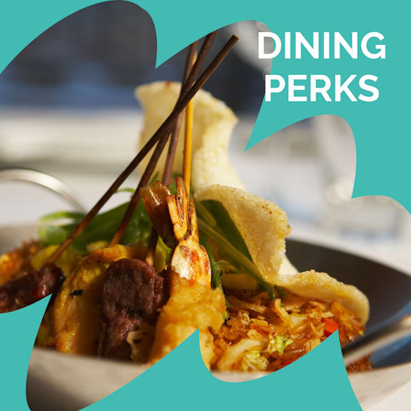 A close-up image of a plate of food with the text "DINING PERKS" overlaid.