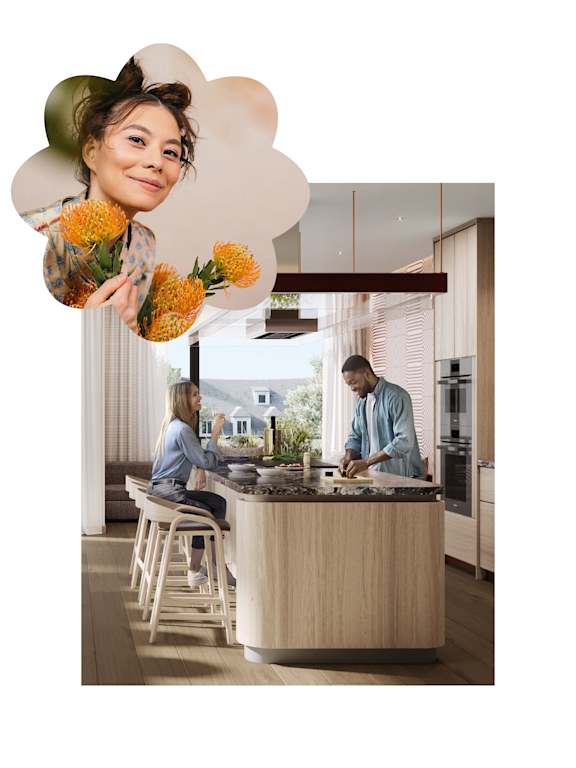 A woman holding a bouquet of flowers in a modern interior space.